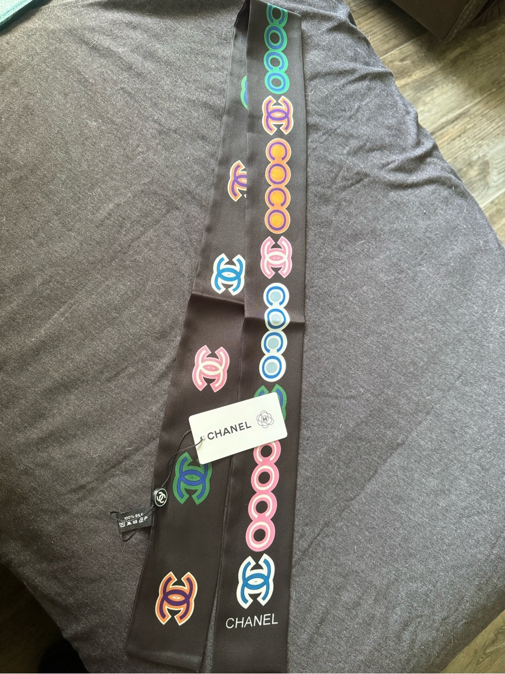 Black Silk Ribbon Scarf with Multicolor CC Logos